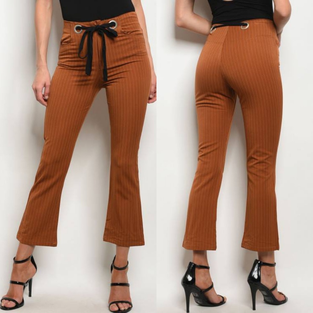 PINSTRIPE KICK FLARE PANTS in brick orange